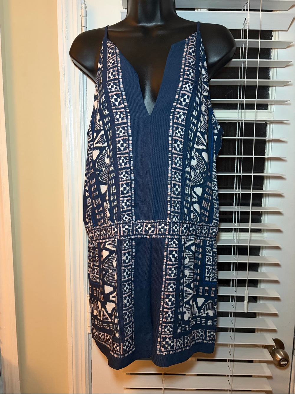 BCBGMaxAzria Navy and White Printed V-Neck Spaghetti Strap Romper
